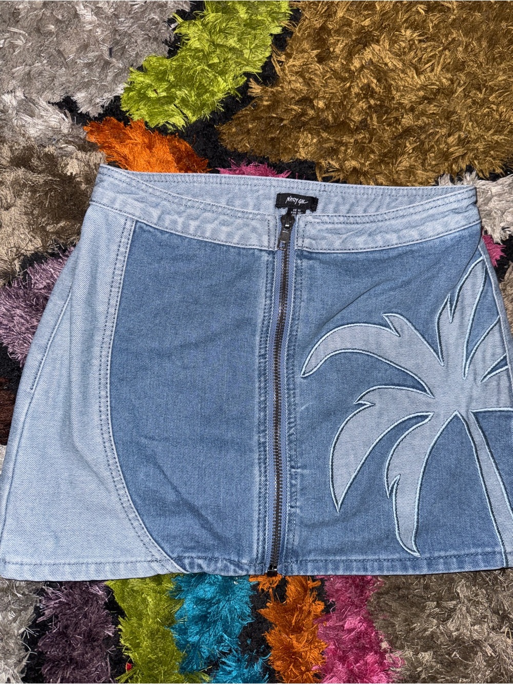 Denim Zip-Front Mini Skirt with Palm Appliqué - Blue NASTY GAL - Picture 2 of 5